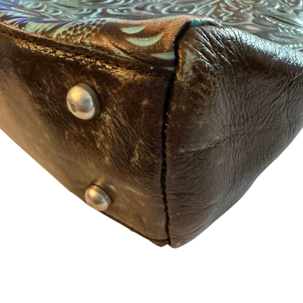 Patricia Nash Poppy Top Zip Tote Turquoise Embossed Leather Floral Design 14x10 - Picture 11 of 16